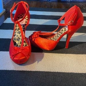 Pin Up Couture Red Satin T Strap Heels Size 7​​​